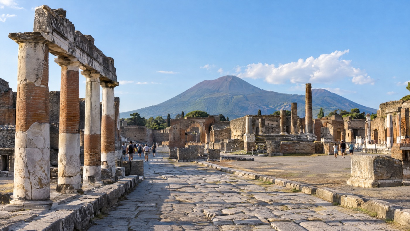 Gli scavi di Pompei con il Vesuvio sullo sfondo